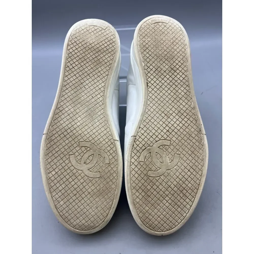 CHANEL CC Logo G34085 White Leather Low Top Lace-Up Sneaker Shoes Size EUR 38